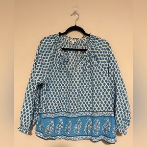 J. Crew Blue/White Block Print Artist Peasant Top Size XL Coastal Cottagecore